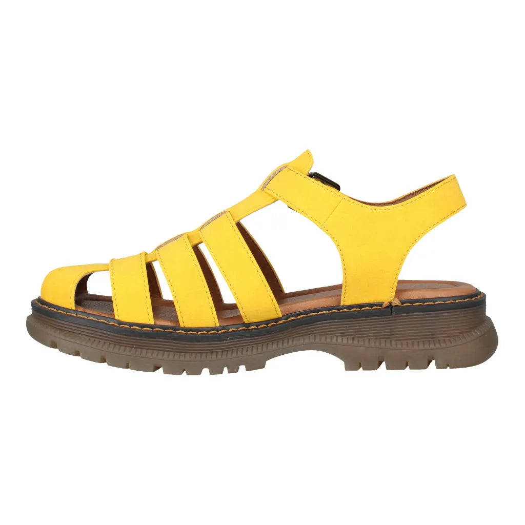 Yellow touch-fastening leather sandal with a brown sole and back strap, cushioned insole, and chunky treaded outsole.