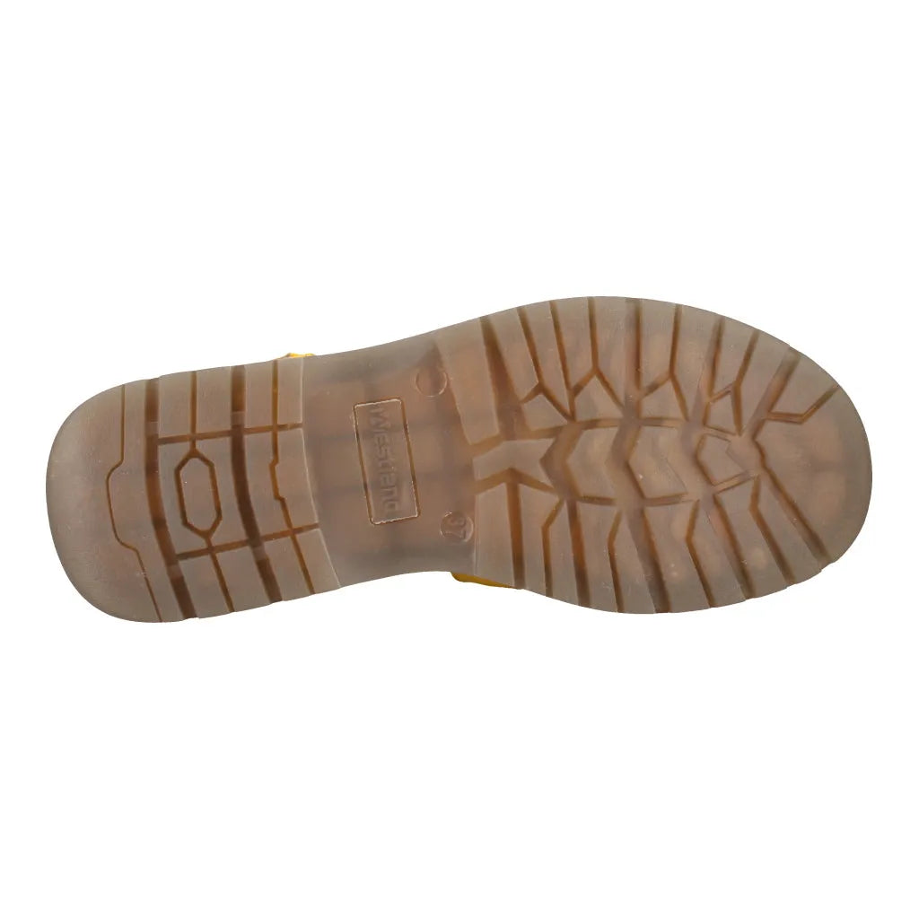 Yellow touch fastening sandal with a transparent rubber sole and textured tread pattern.
