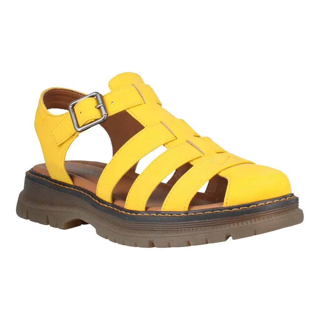 Yellow leather sandals with touch fastenings, buckle strap, chunky sole, and open toe design.