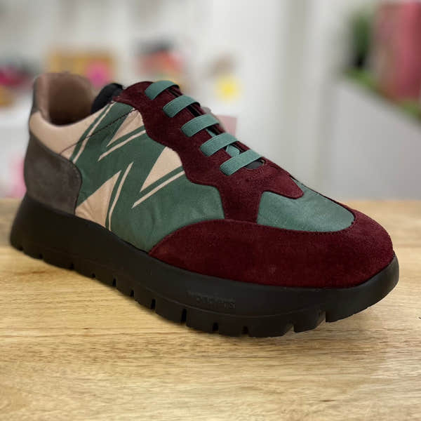 Wonders A-2452-T Ladies Spanish Wine Red & Green Leather & Textile Elasticated Trainers-elevate your sole