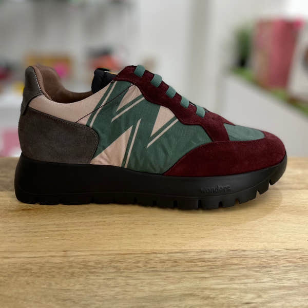 Wonders A-2452-T Ladies Spanish Wine Red & Green Leather & Textile Elasticated Trainers-elevate your sole