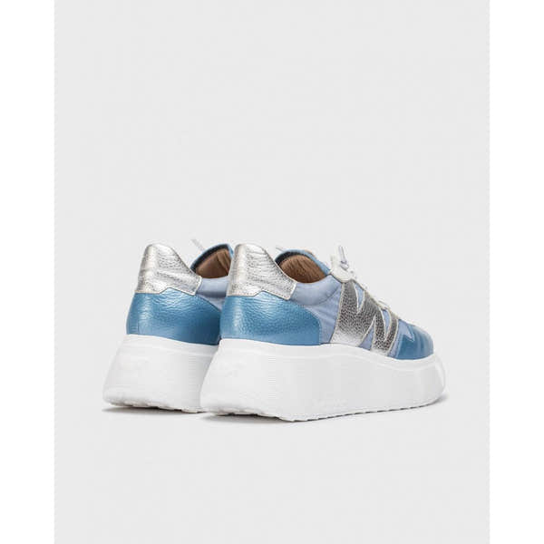 Wonders A-3622 women's blue and silver leather and textile lace-up trainers with chunky white soles.