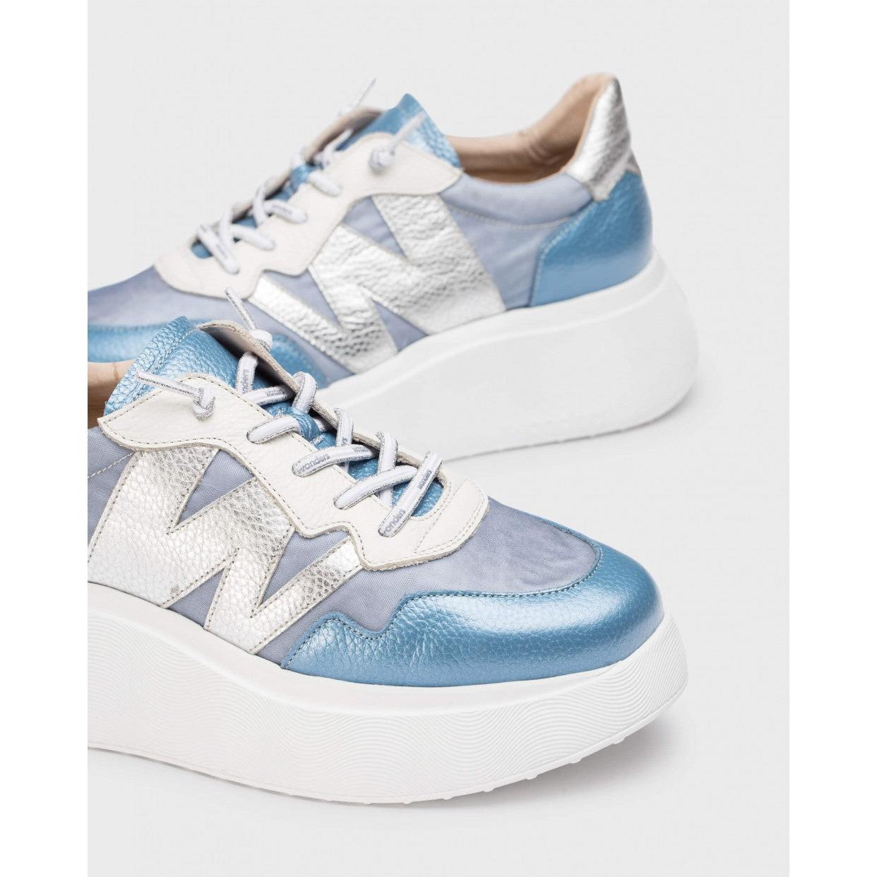 Wonders A-3622 women's lace-up trainers in blue and silver leather and textile with chunky white sole.