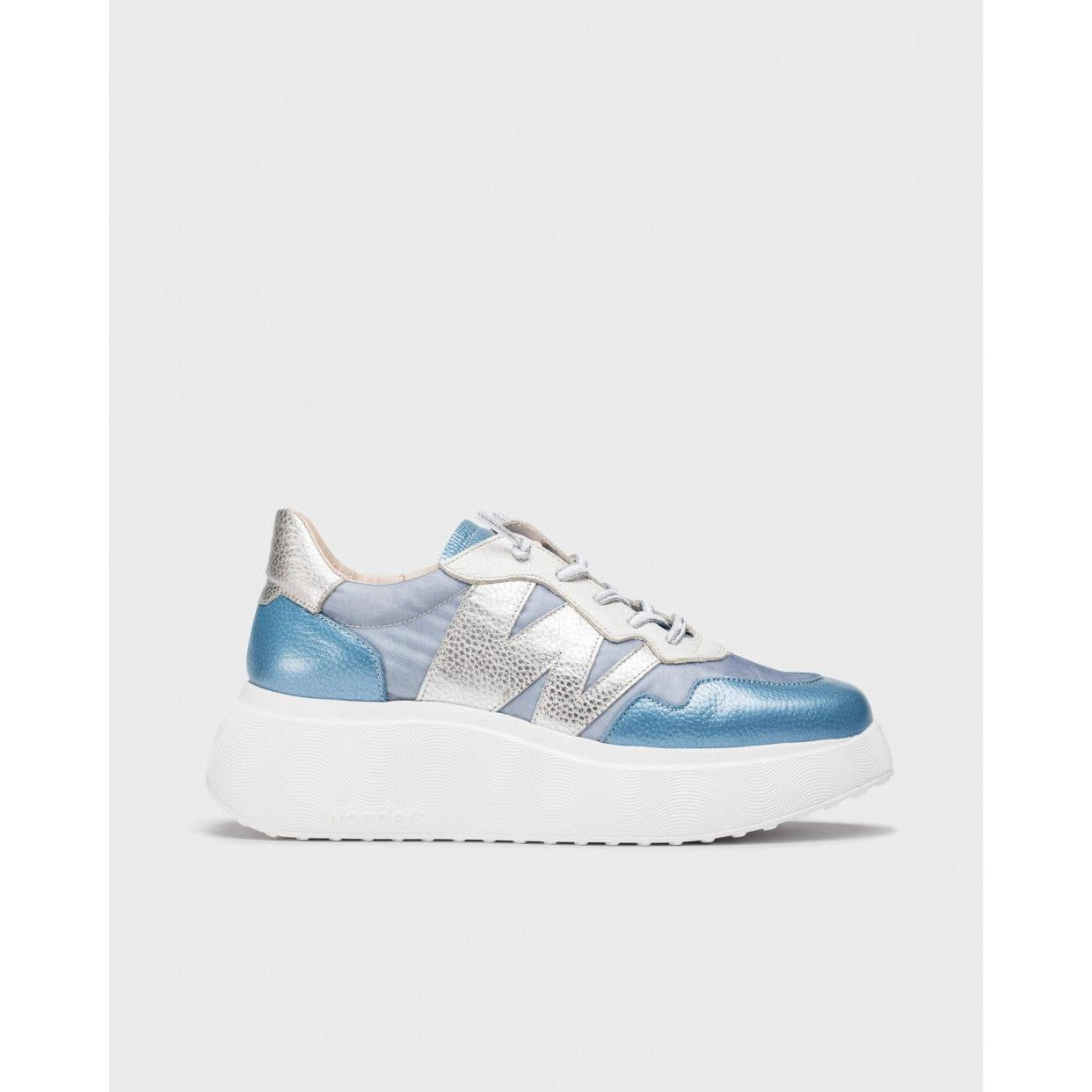 Ladies blue and silver leather and textile lace-up trainers with chunky white sole, stylish and comfortable footwear.