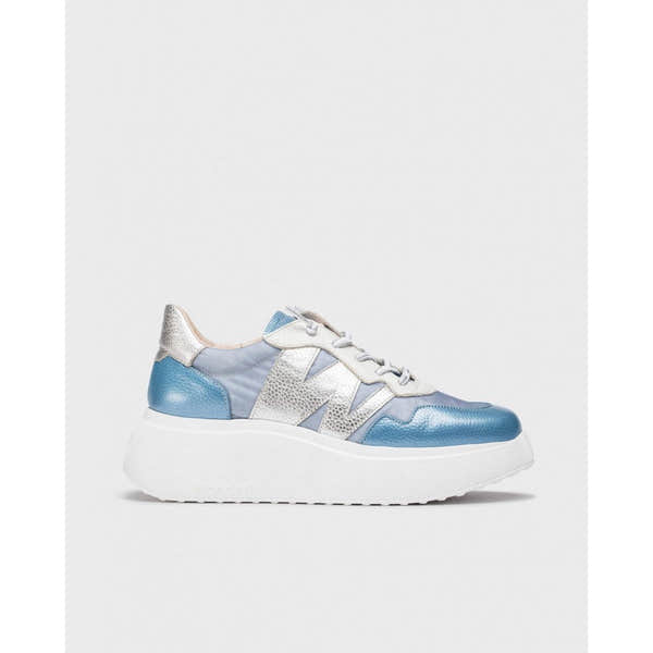 Ladies blue and silver leather and textile lace-up trainers with chunky white sole, stylish and comfortable footwear.