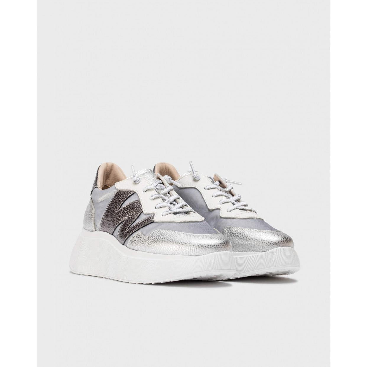 Wonders A-3622 Ladies Silver Leather and Textile Lace-Up Trainers with chunky white sole and metallic accents.