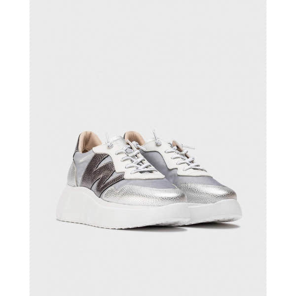 Wonders A-3622 Ladies Silver Leather and Textile Lace-Up Trainers with chunky white sole and metallic accents.