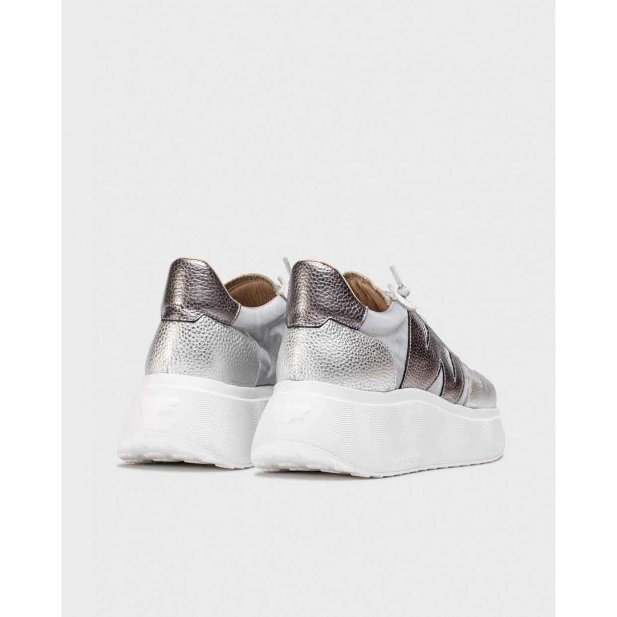 Wonders A-3622 Ladies Silver Leather and Textile Lace-Up Trainers with chunky white soles.
