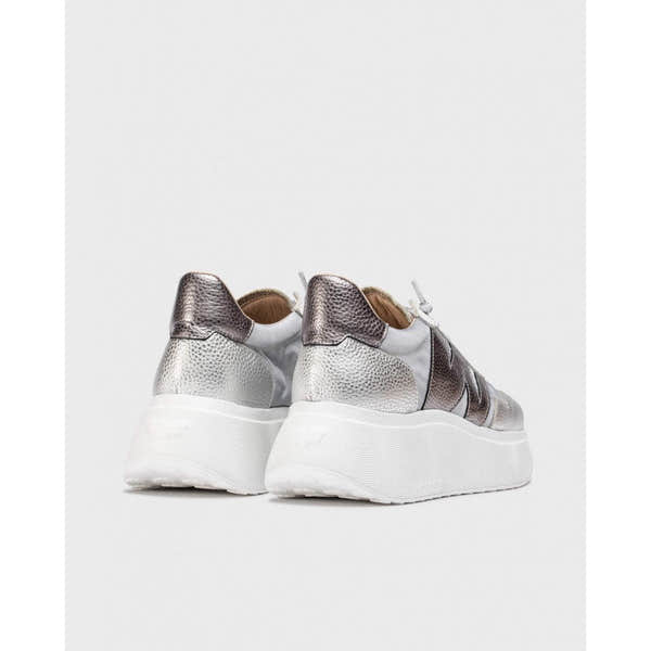Wonders A-3622 Ladies Silver Leather and Textile Lace-Up Trainers with chunky white soles.