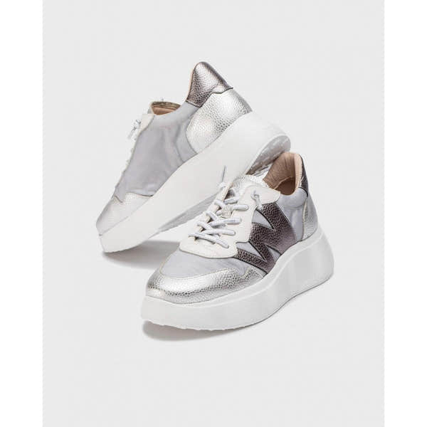Wonders A-3622 Ladies Silver Leather and Textile Lace-Up Trainers with chunky white soles.