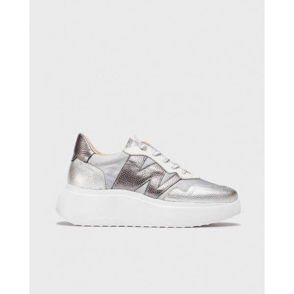 Wonders A-3622 Ladies Silver Leather and Textile Lace-Up Trainers with chunky white sole.
