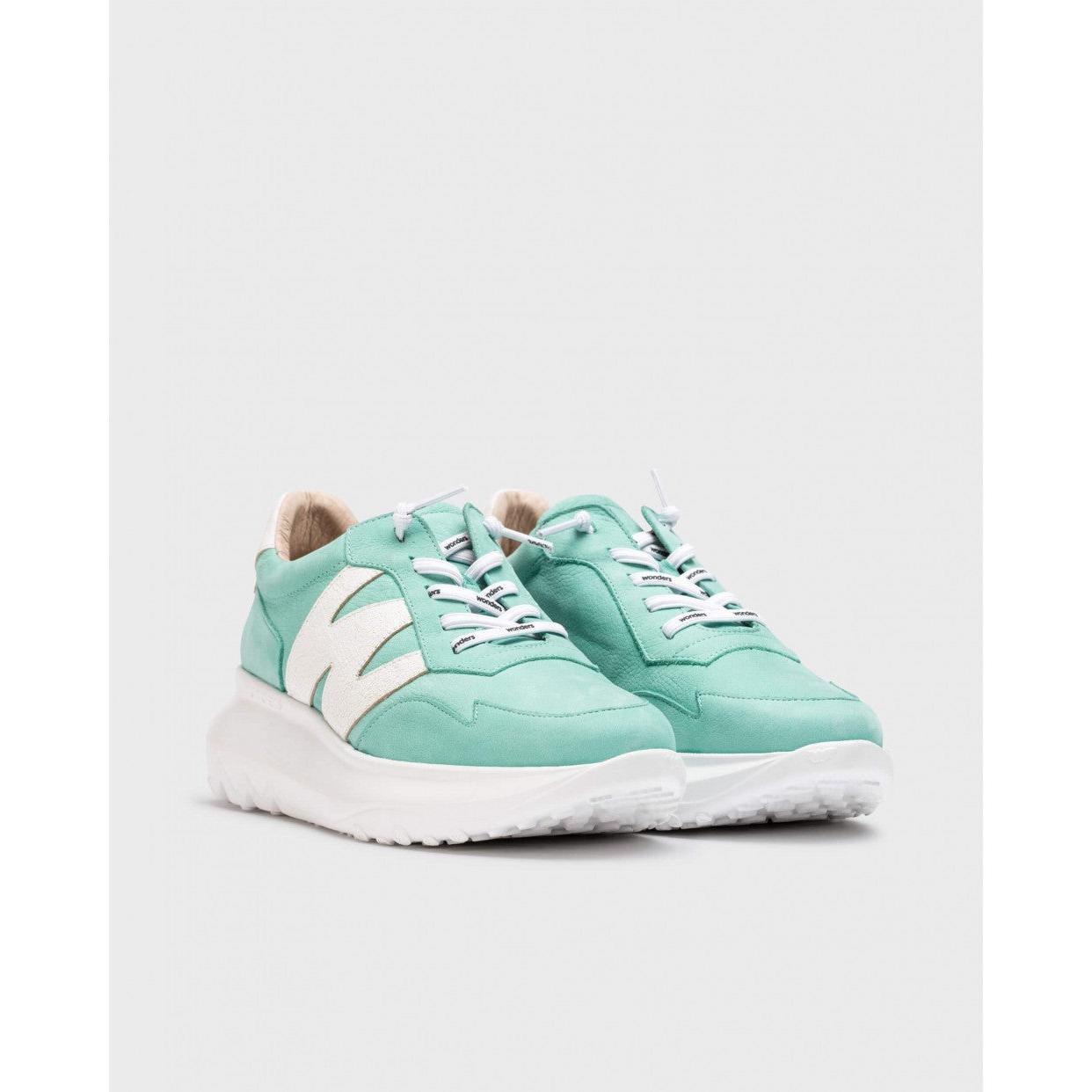 Wonders A-4002 ladies sea/off-white nubuck lace-up trainers with white sole and stylish design.