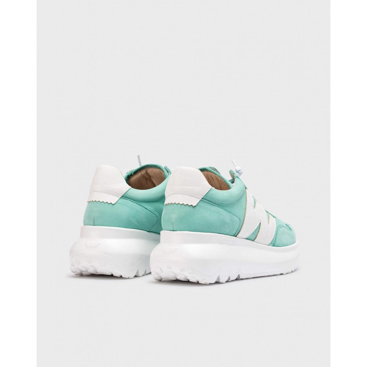 Wonders A-4002 ladies sea/off white nubuck lace-up trainers with chunky white soles and pastel design details.