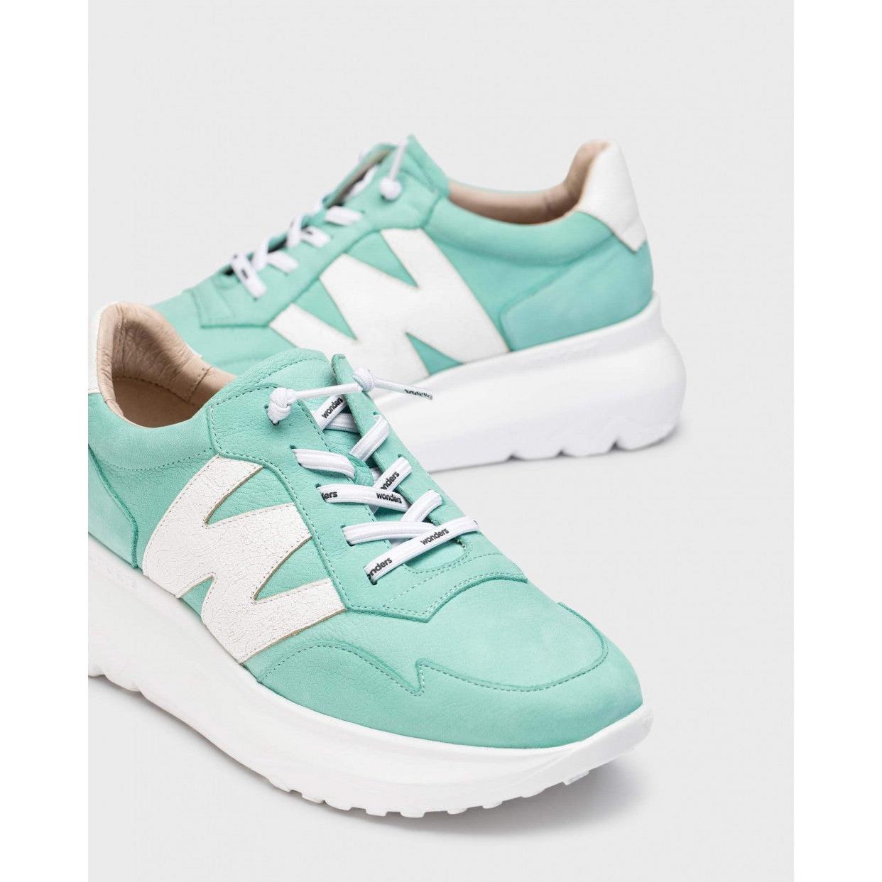 Ladies sea/off-white nubuck lace-up trainers with white chunky soles and stylish detailing.