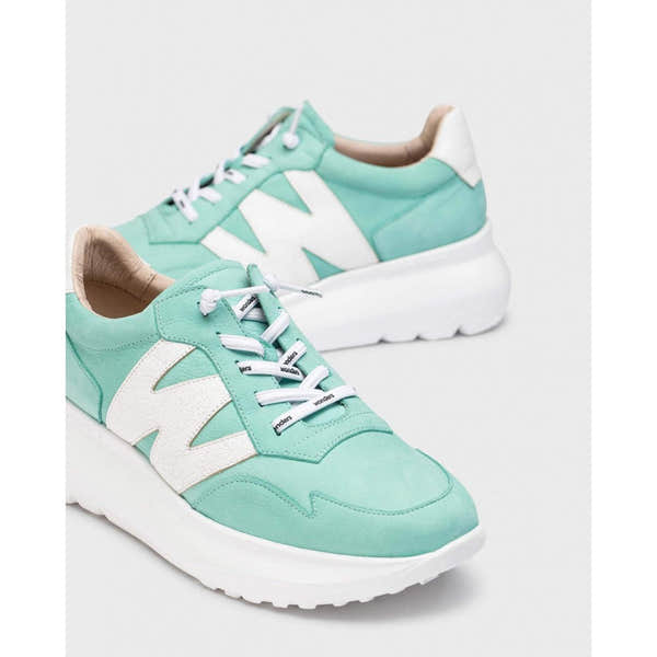 Ladies sea/off-white nubuck lace-up trainers with white chunky soles and stylish detailing.