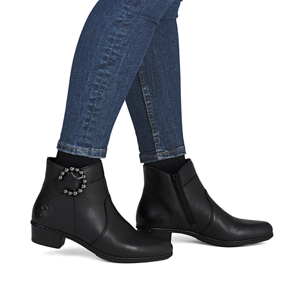 Rieker Y0797-00 Ladies Black Leather Side Zip Ankle Boots