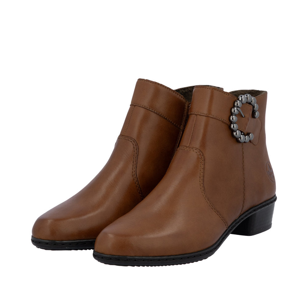 Rieker Y0797-24 Ladies Brown Leather Side Zip Ankle Boots