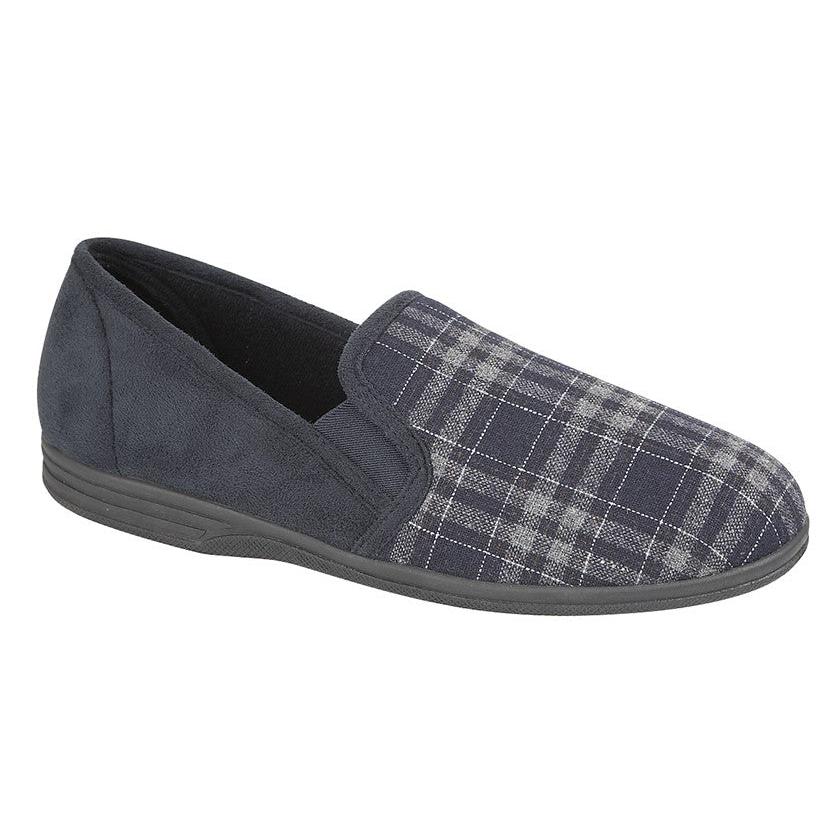 Zedzzz MS320C Harley men's navy blue check textile slip-on slippers for casual indoor wear.