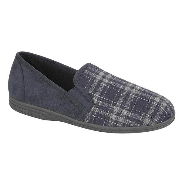 Zedzzz MS320C Harley men's navy blue check textile slip-on slippers for casual indoor wear.