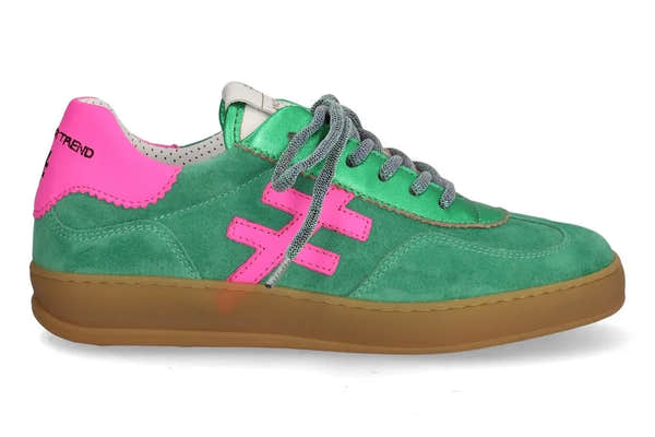 Ladies Spanish Green Leather Lace-Up Trainers with pink accents and a gum sole. Stylish casual sneakers for women.