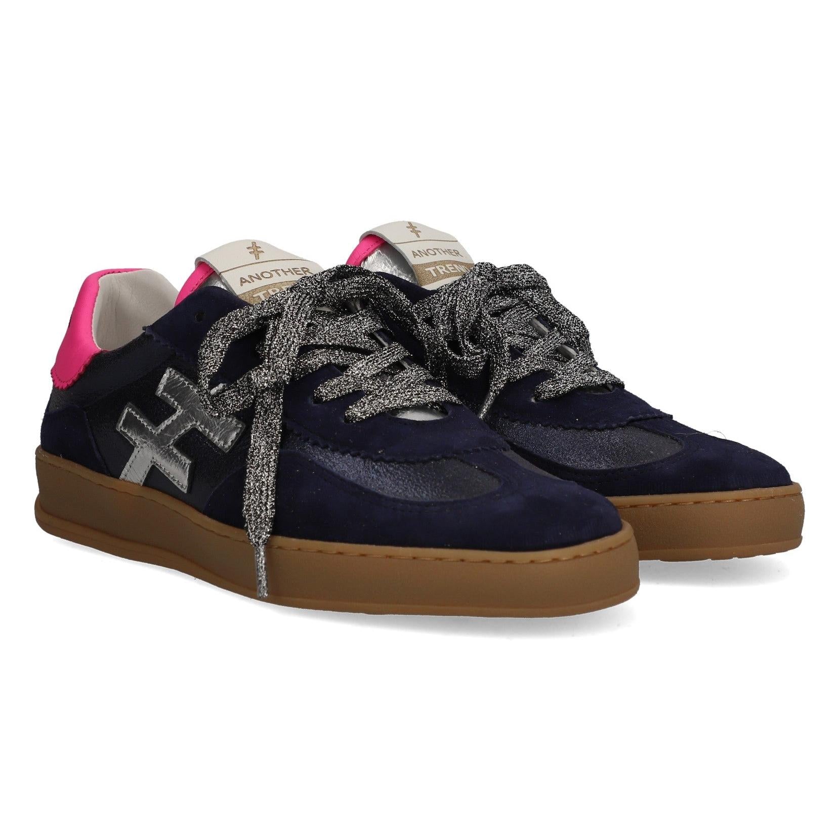 Another Trend Iconic A032 80 Ladies Navy Suede & Metallic Leather Lace Up Trainers