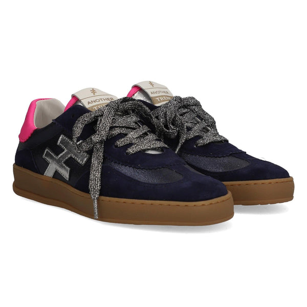 Another Trend Iconic A032 80 Ladies Navy Suede & Metallic Leather Lace Up Trainers