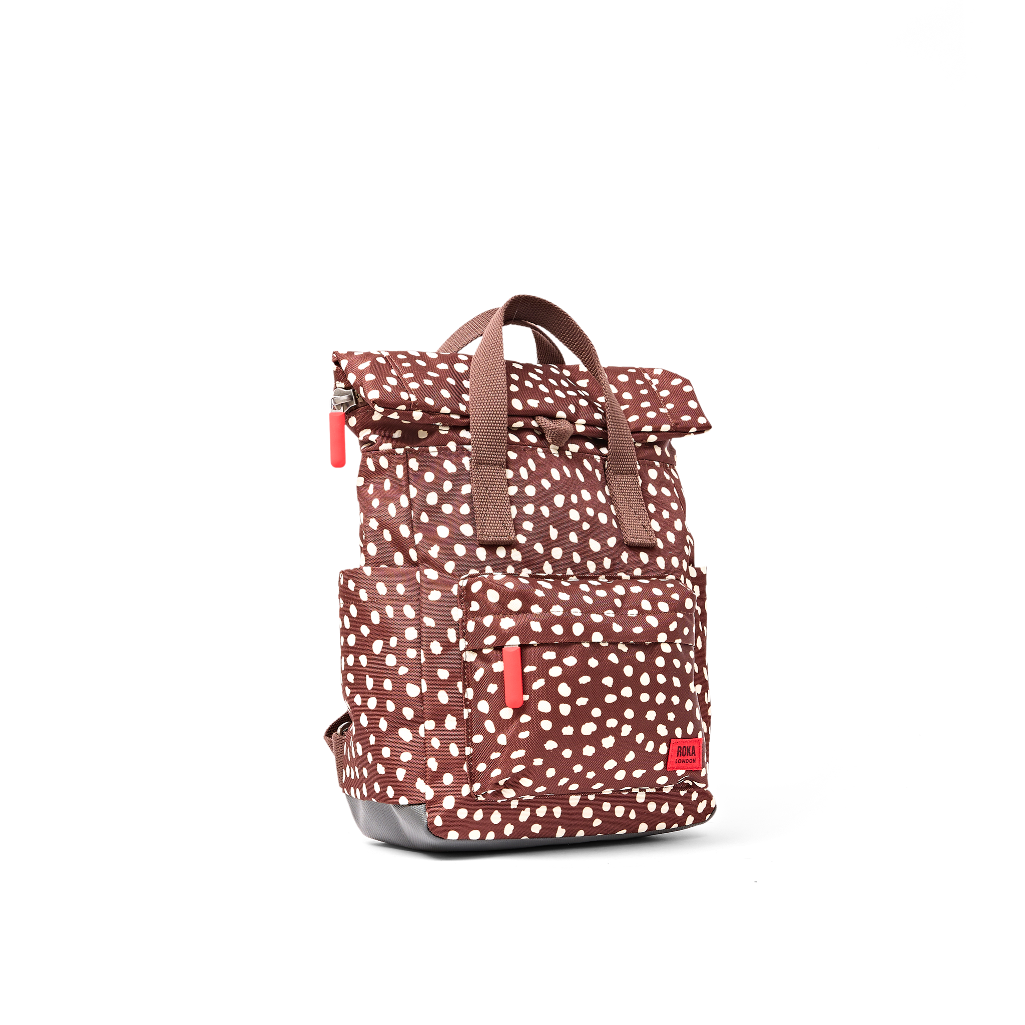Roka Canfield Brown Dot Small Backpack, angled side view (1)