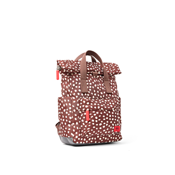 Roka Canfield Brown Dot Small Backpack, angled side view (1)