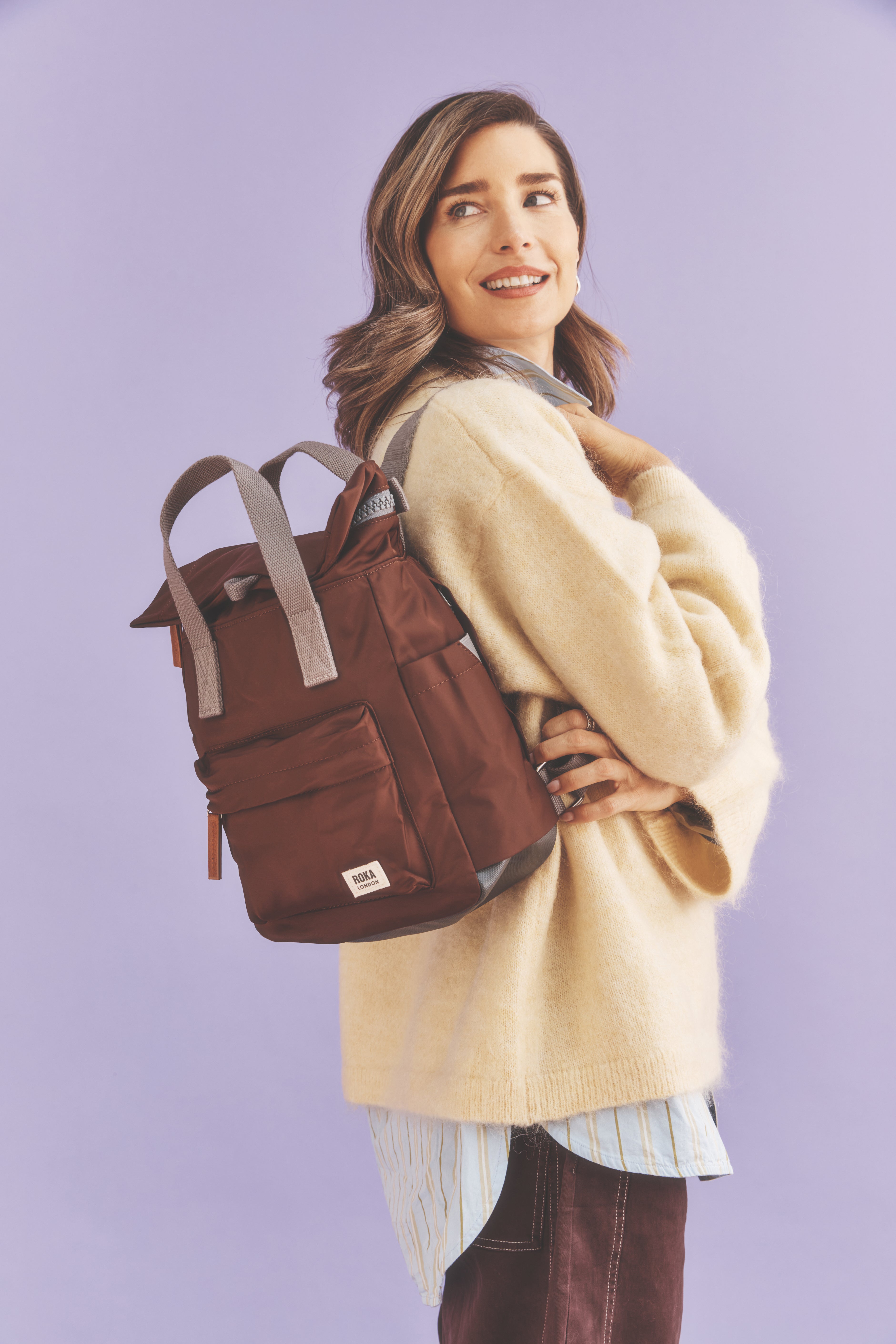 Roka Canfield Rocky Road Small Backpack, worn over the shoulder (2)