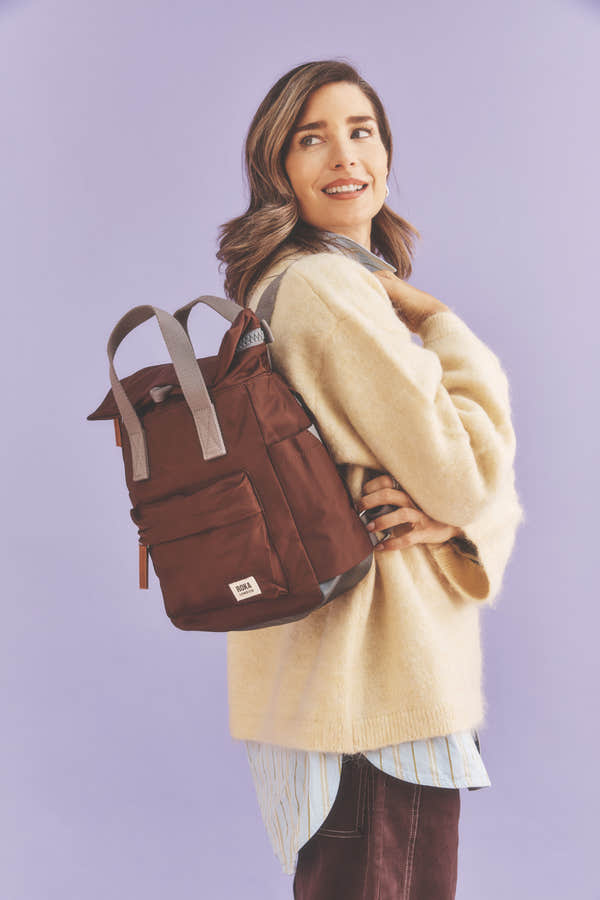 Roka Canfield Rocky Road Small Backpack, worn over the shoulder (2)