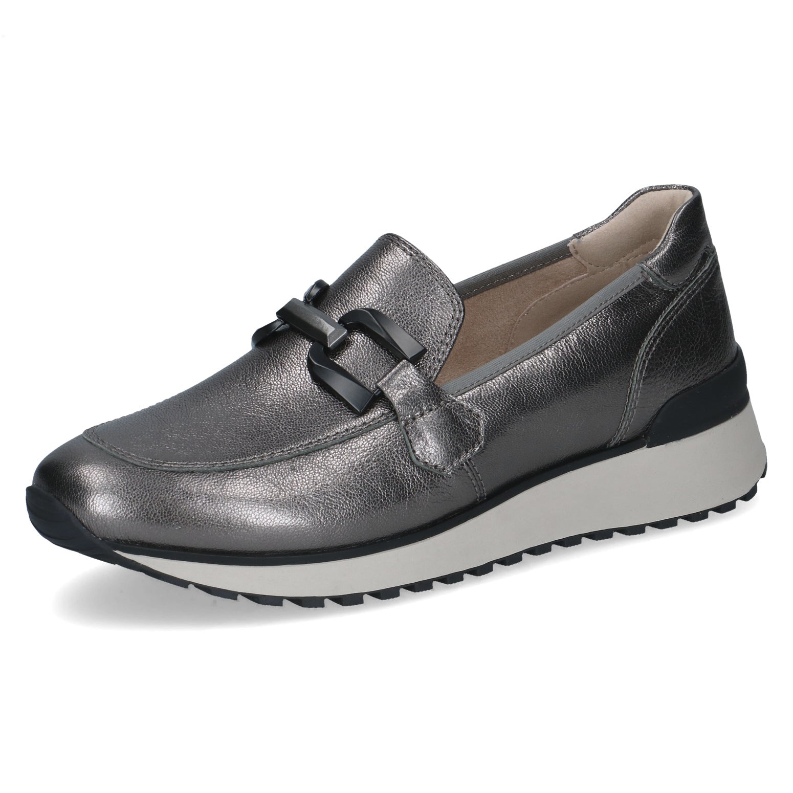 Caprice 9-24700-43 289 Ladies Dark Grey Leather Slip On Shoes, front three-quarter view.