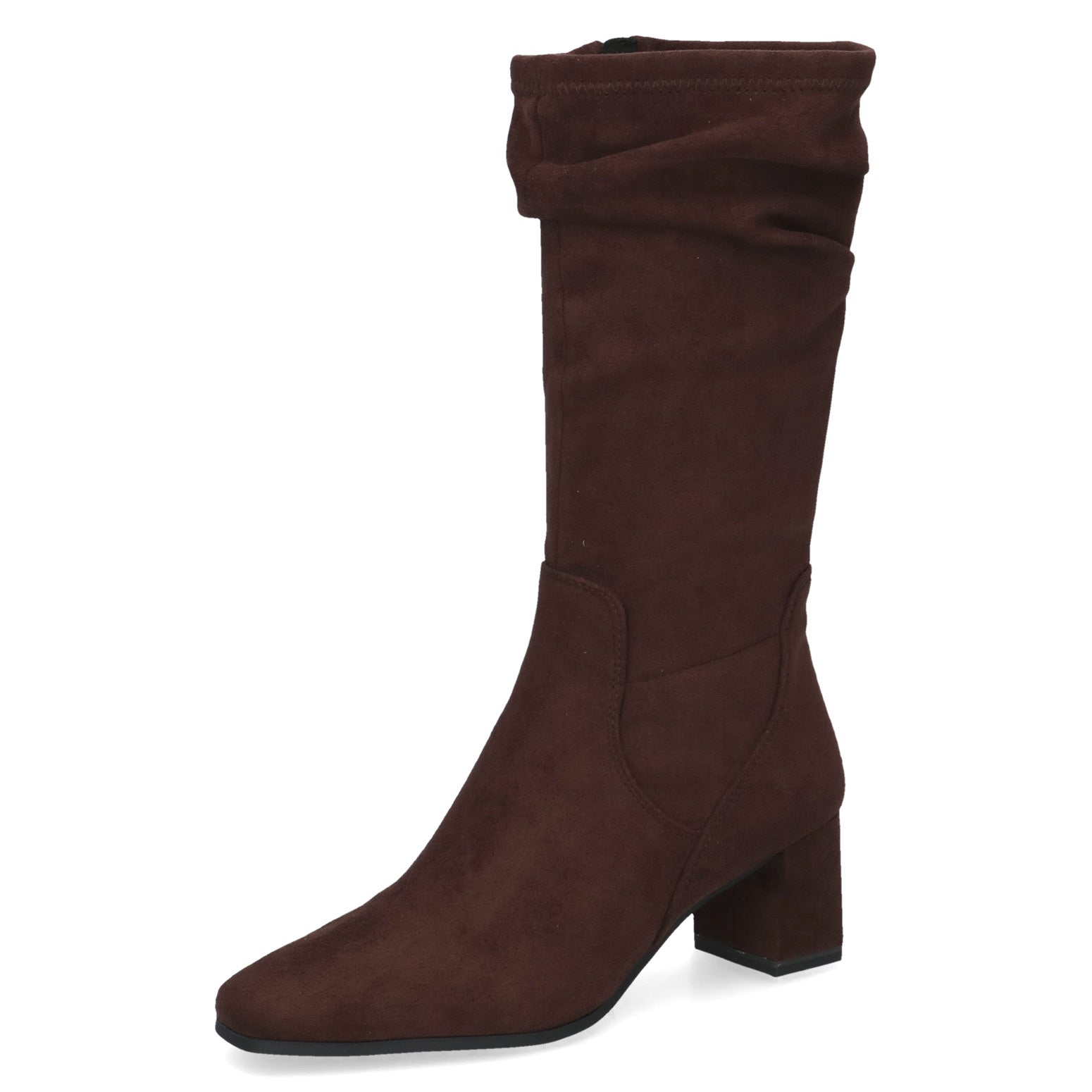 Caprice 9-25303-47 302 Ladies Dark Brown Textile Side Zip Mid-Calf Boots, front three-quarter view.