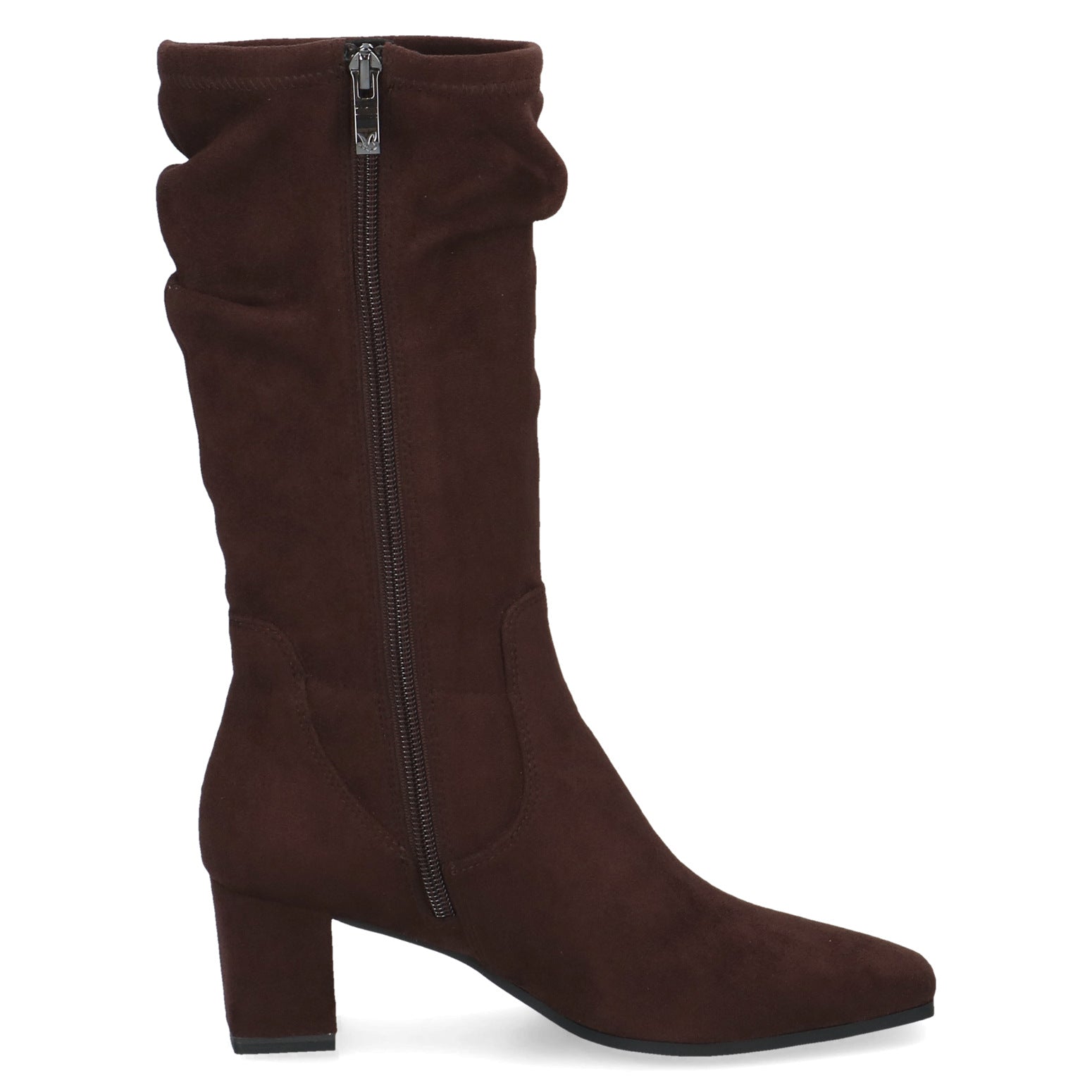 Caprice 9-25303-47 302 Ladies Dark Brown Textile Side Zip Mid-Calf Boots, inner side view.