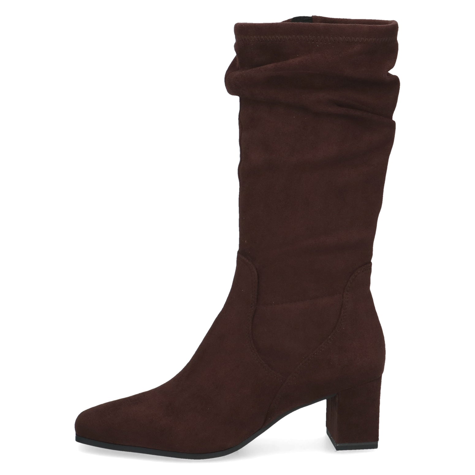 Caprice 9-25303-47 302 Ladies Dark Brown Textile Side Zip Mid-Calf Boots, outer side view.