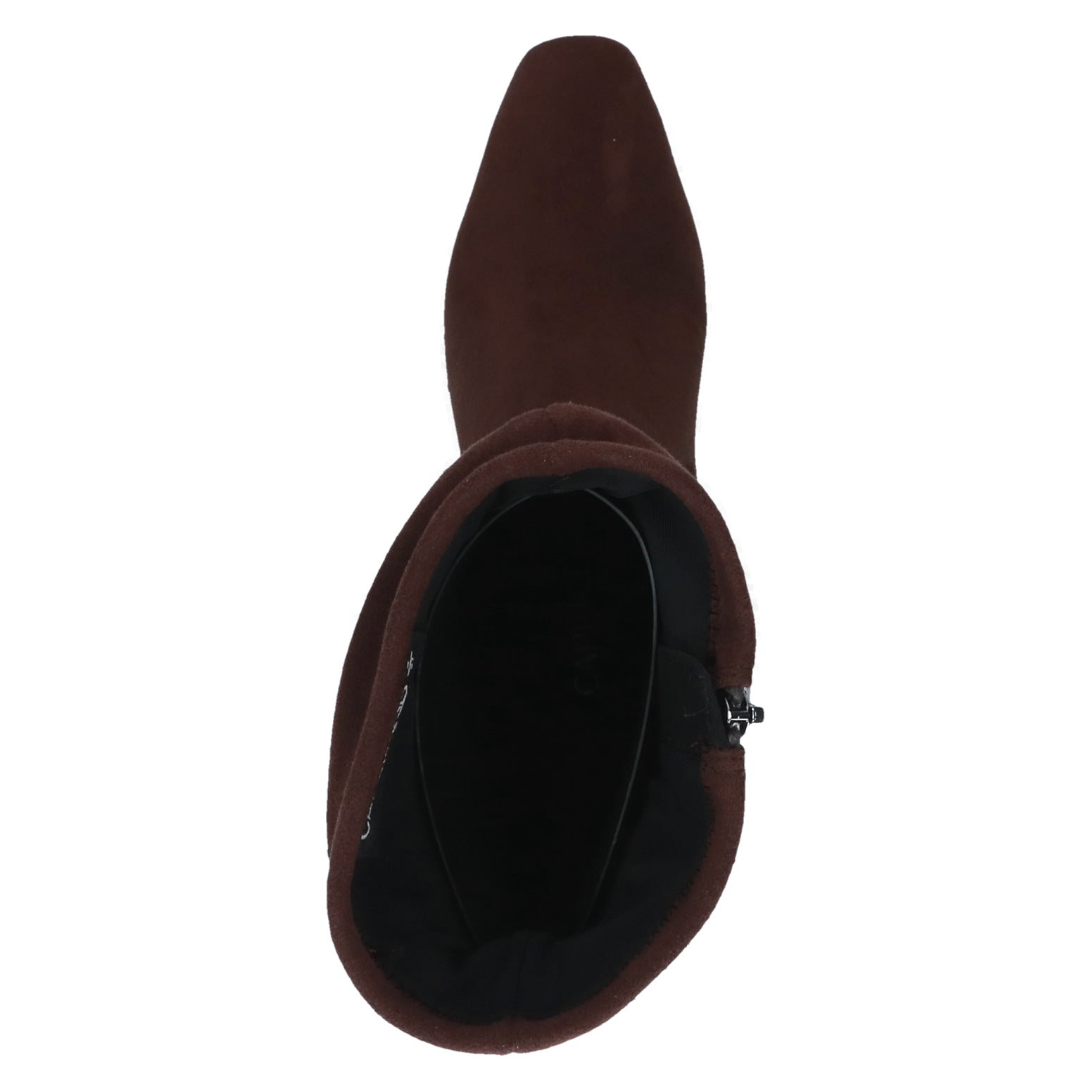 Caprice 9-25303-47 302 Ladies Dark Brown Textile Side Zip Mid-Calf Boots, top view.