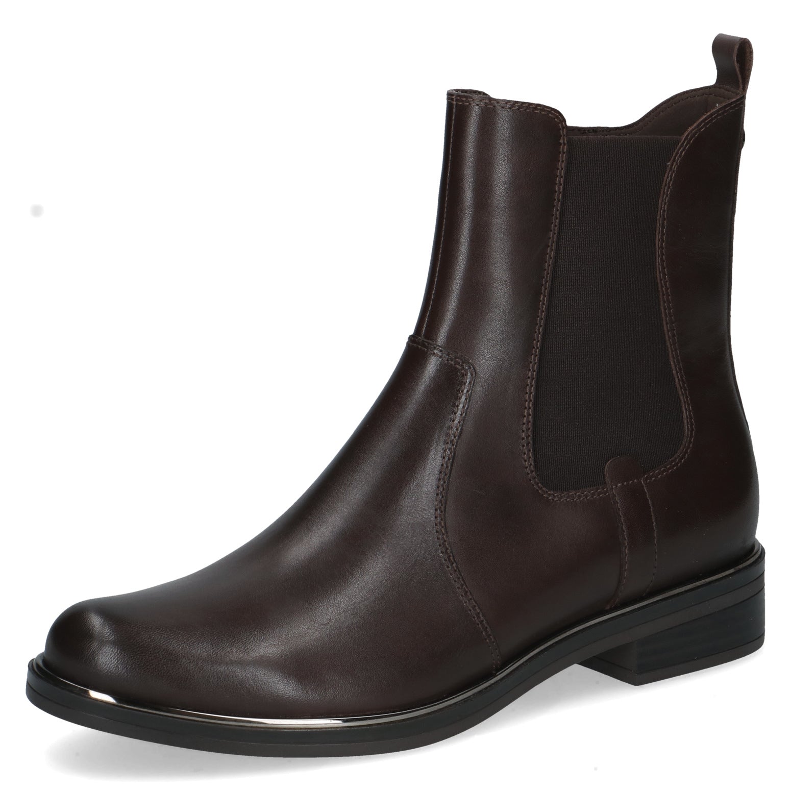 Caprice 9-25304-41 337 Ladies Dark Brown Leather & Textile Side Zip Ankle Boots, front three-quarter view.