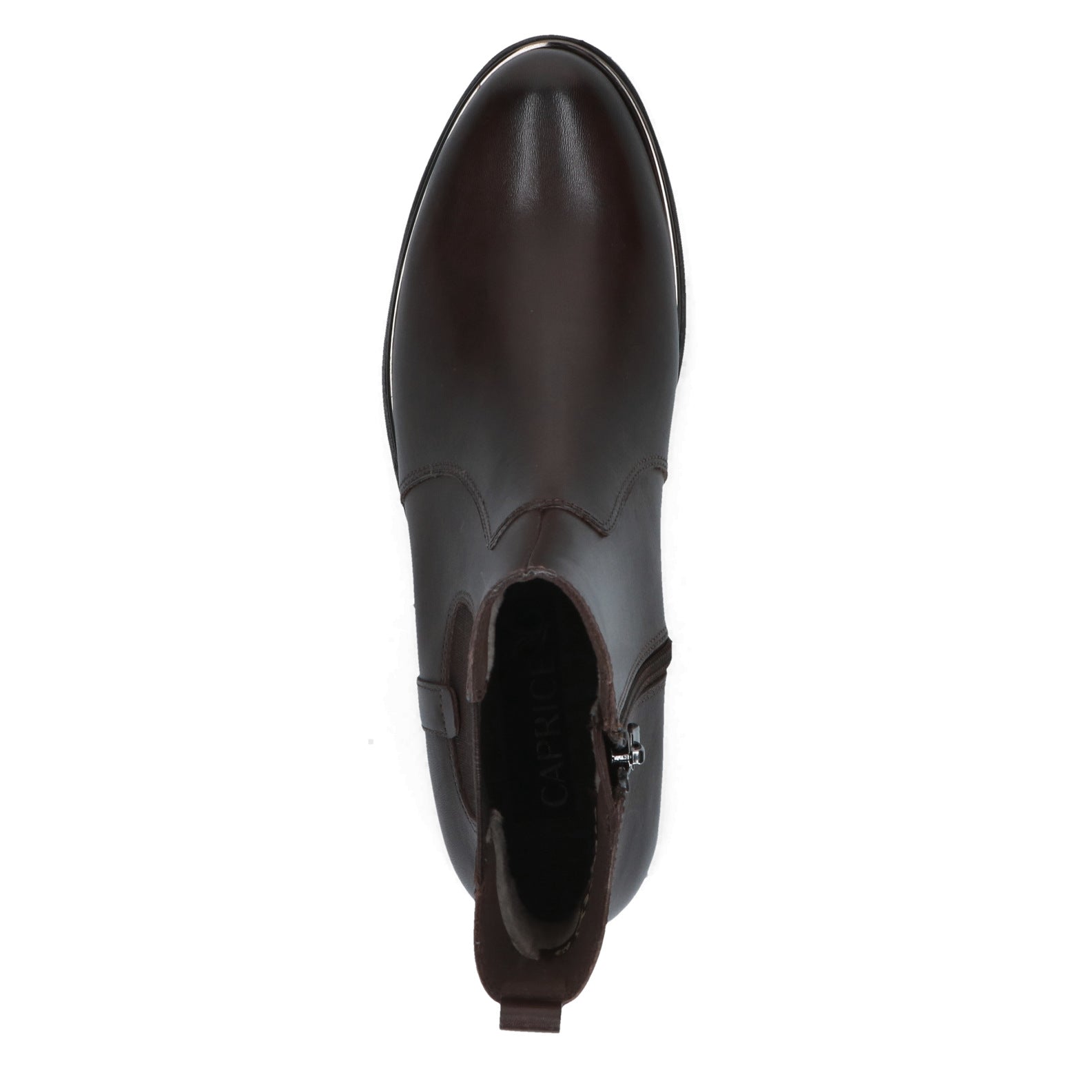 Caprice 9-25304-41 337 Ladies Dark Brown Leather & Textile Side Zip Ankle Boots, top view.