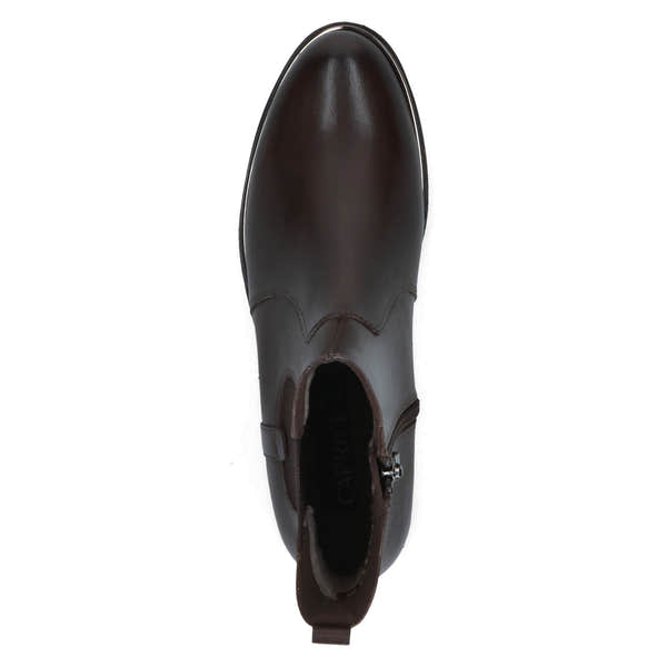 Caprice 9-25304-41 337 Ladies Dark Brown Leather & Textile Side Zip Ankle Boots, top view.