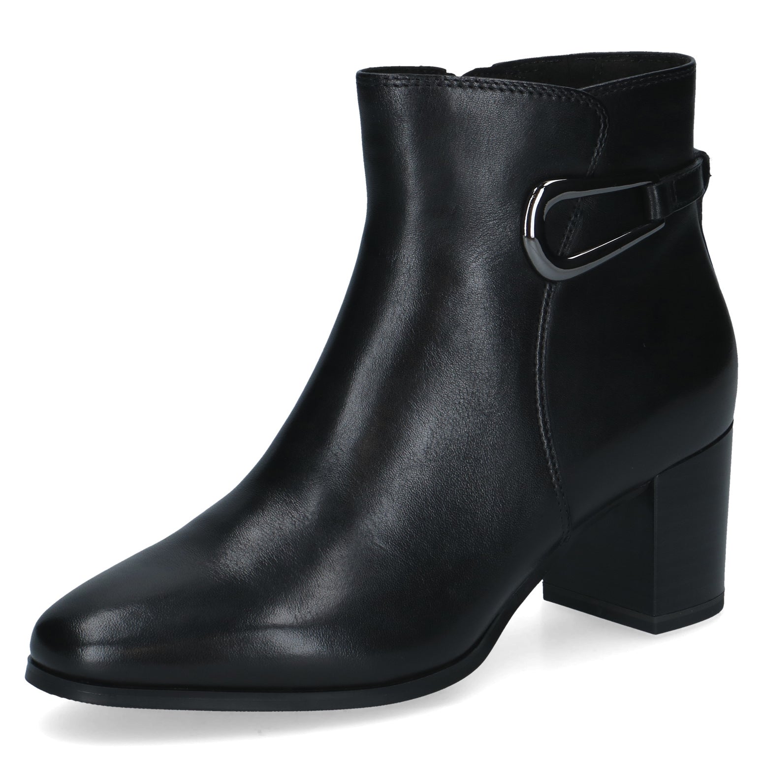 Caprice 9-25314-47 022 Ladies Black Leather Side Zip Ankle Boots, front three-quarter view.