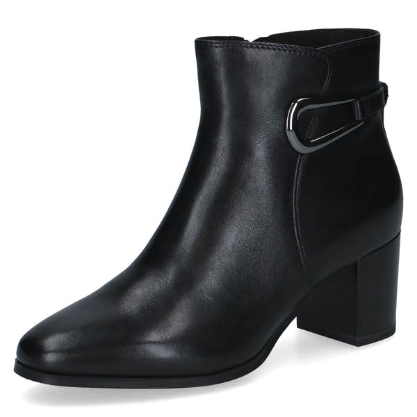 Caprice 9-25314-47 022 Ladies Black Leather Side Zip Ankle Boots, front three-quarter view.