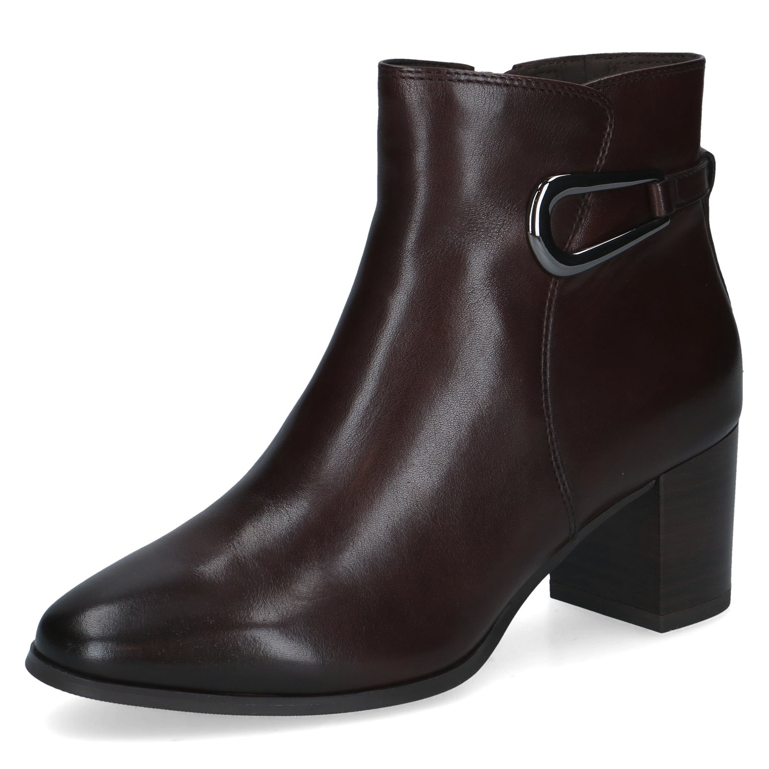 Caprice 9-25314-47 337 Ladies Dark Brown Leather Side Zip Ankle Boots, front three-quarter view.