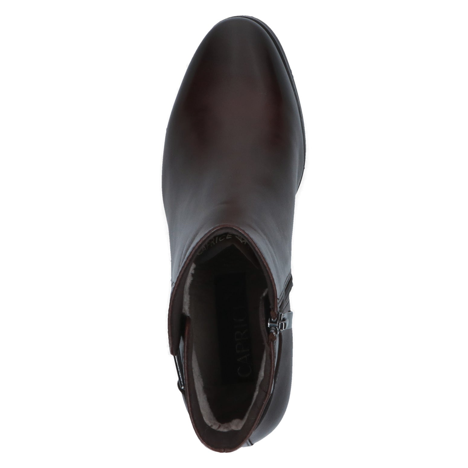 Caprice 9-25314-47 337 Ladies Dark Brown Leather Side Zip Ankle Boots, top view.