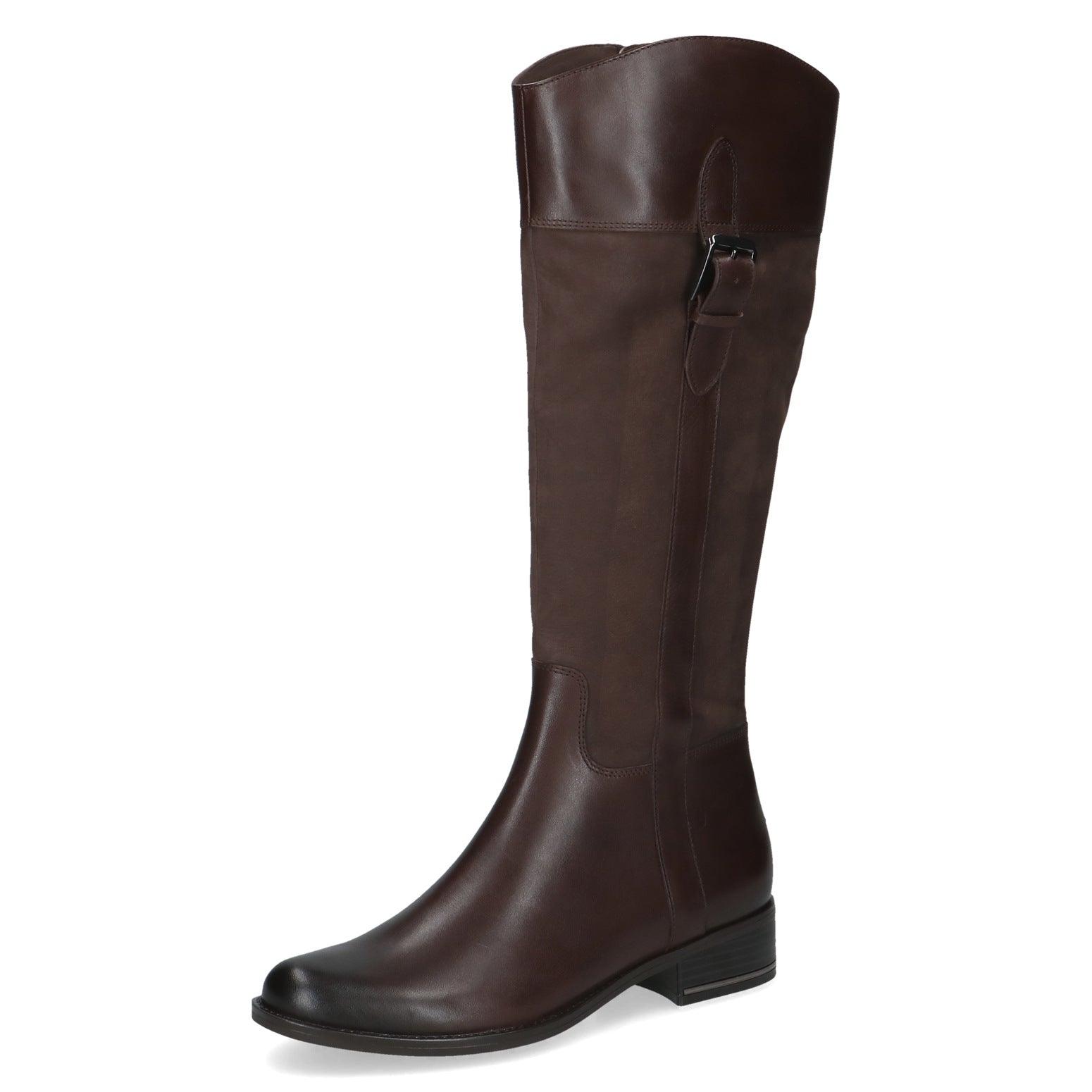 Caprice 9-25519-47 329 Ladies Dark Brown Leather Side Zip Mid-Calf Boots, front three-quarter view.