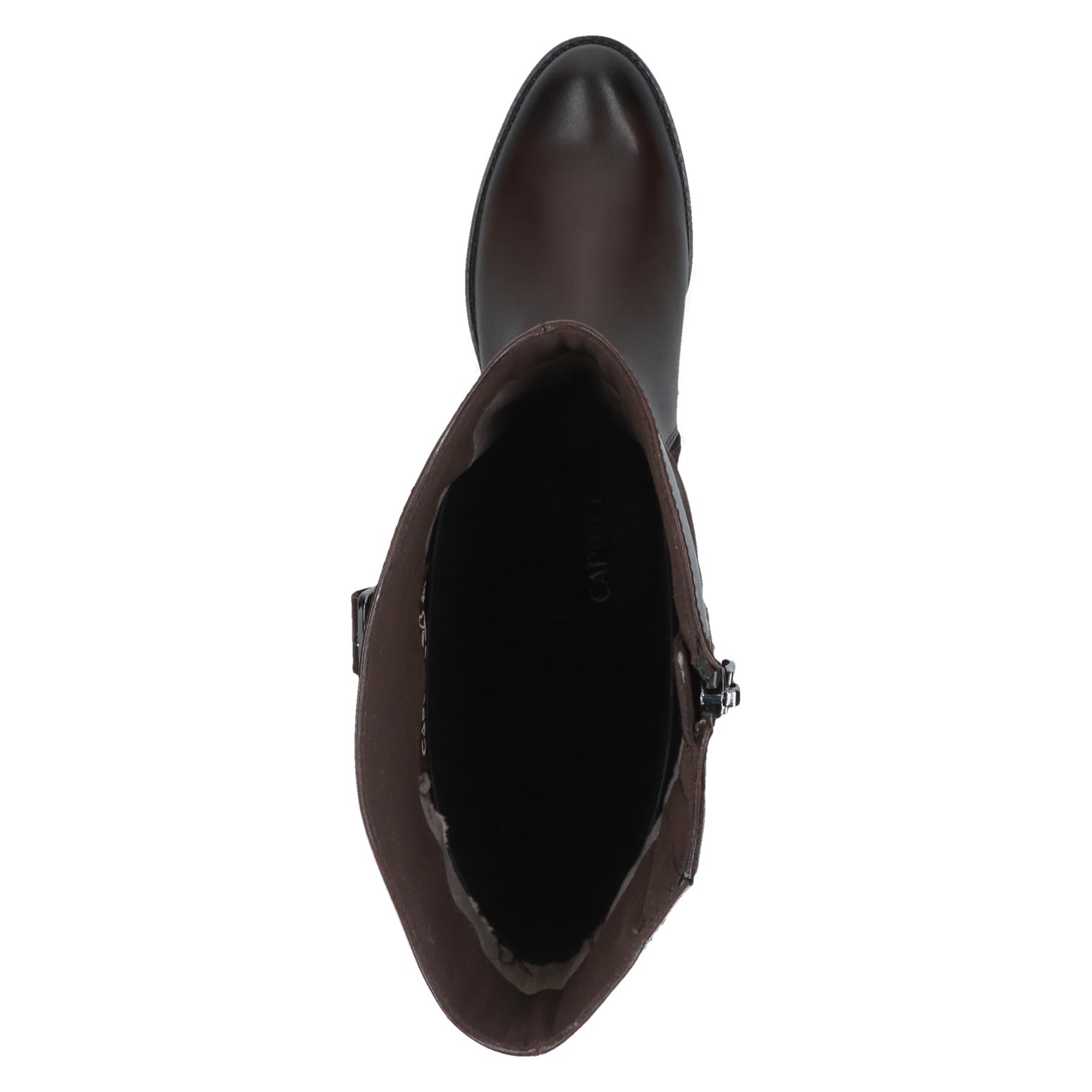 Caprice 9-25519-47 329 Ladies Dark Brown Leather Side Zip Mid-Calf Boots, top view.