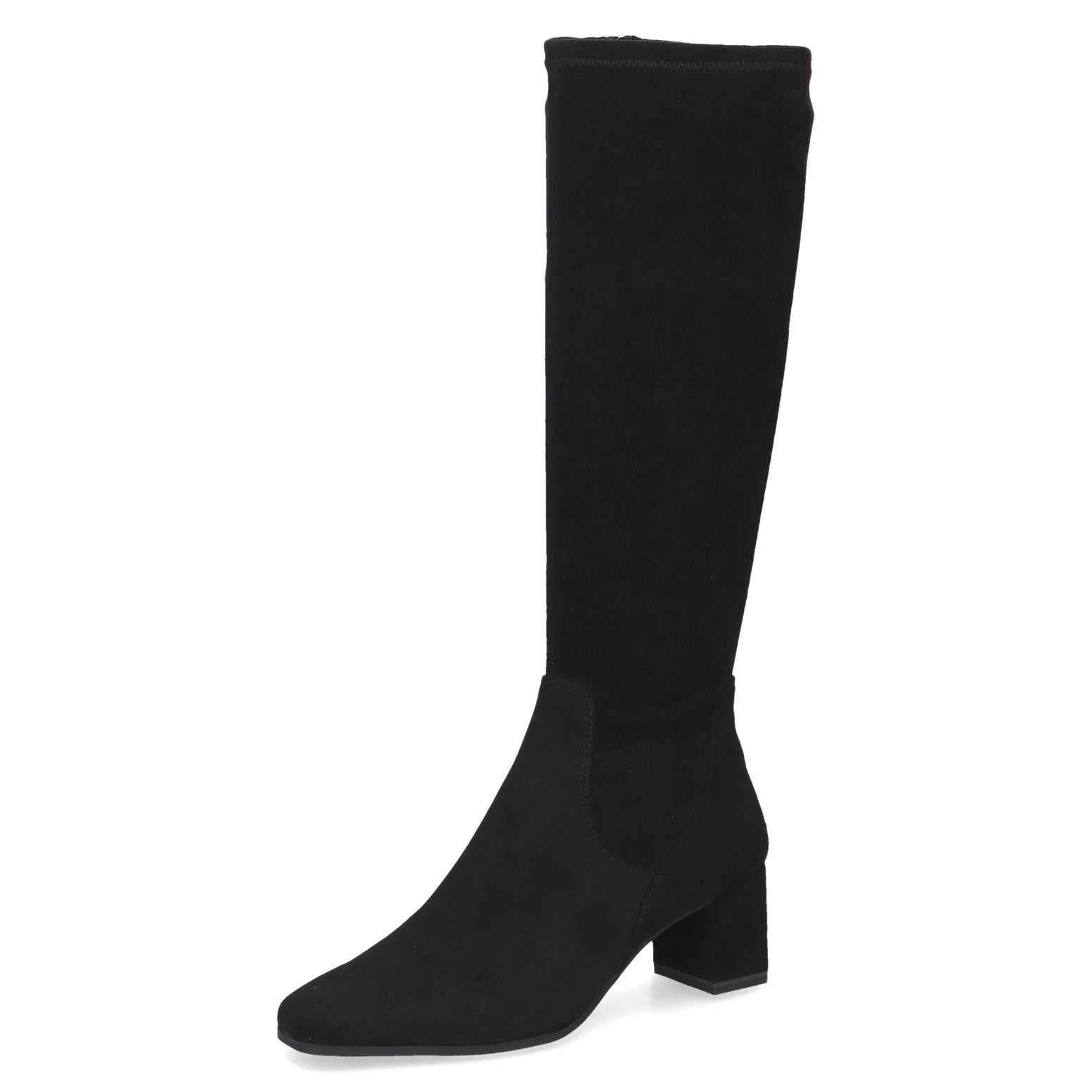 Caprice 9-25547-41 044 Ladies Black Textile Side Zip Mid-Calf Boots, front three-quarter view.