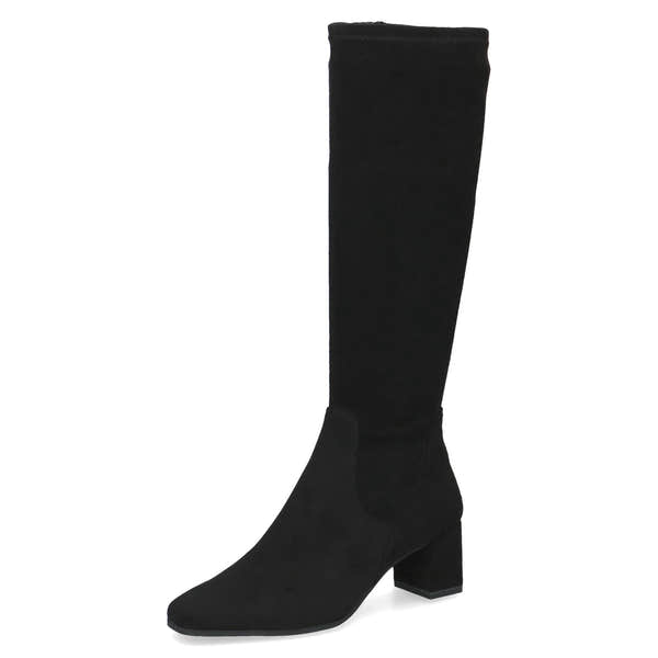 Caprice 9-25547-41 044 Ladies Black Textile Side Zip Mid-Calf Boots, front three-quarter view.