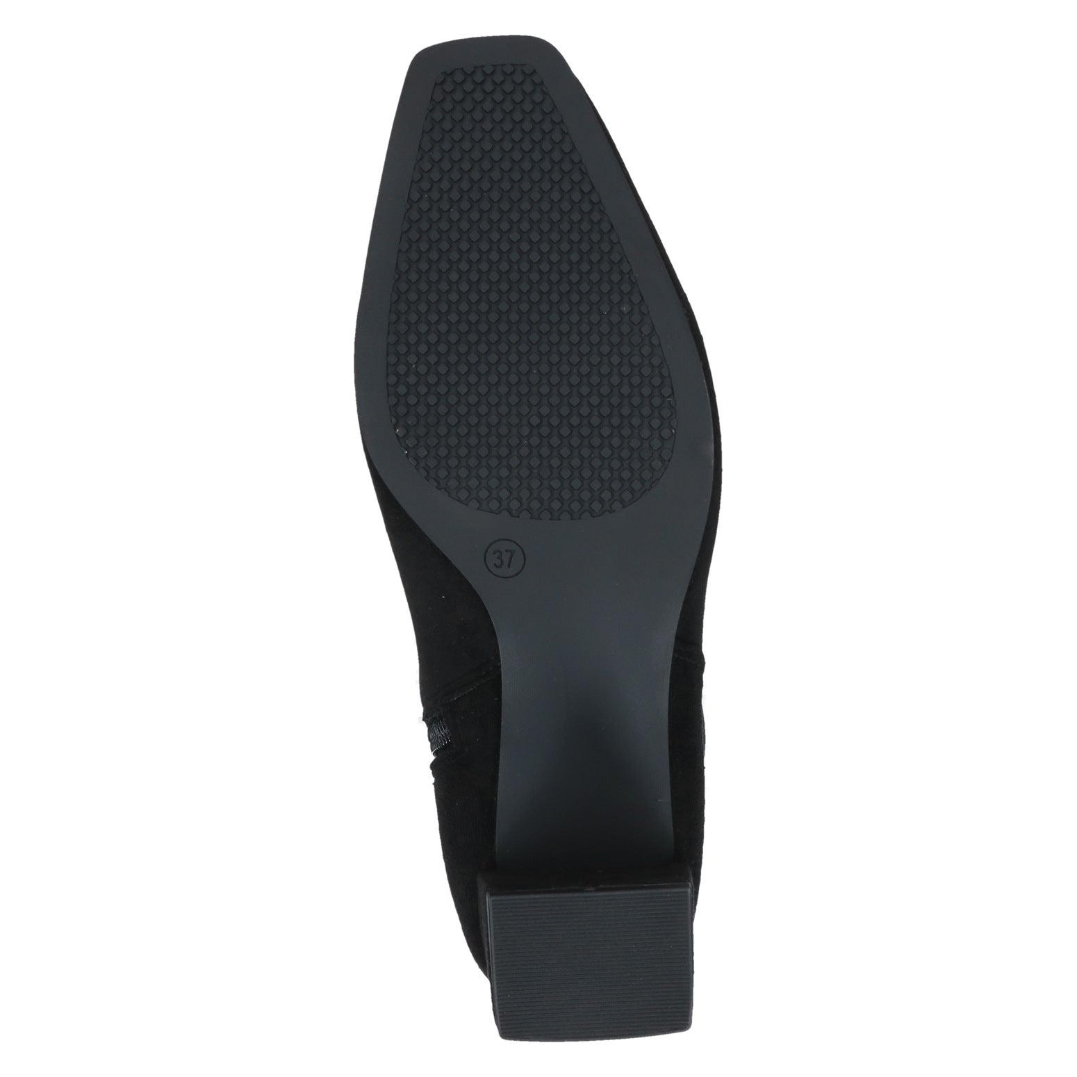 Caprice 9-25547-41 044 Ladies Black Textile Side Zip Mid-Calf Boots, sole and tread view.
