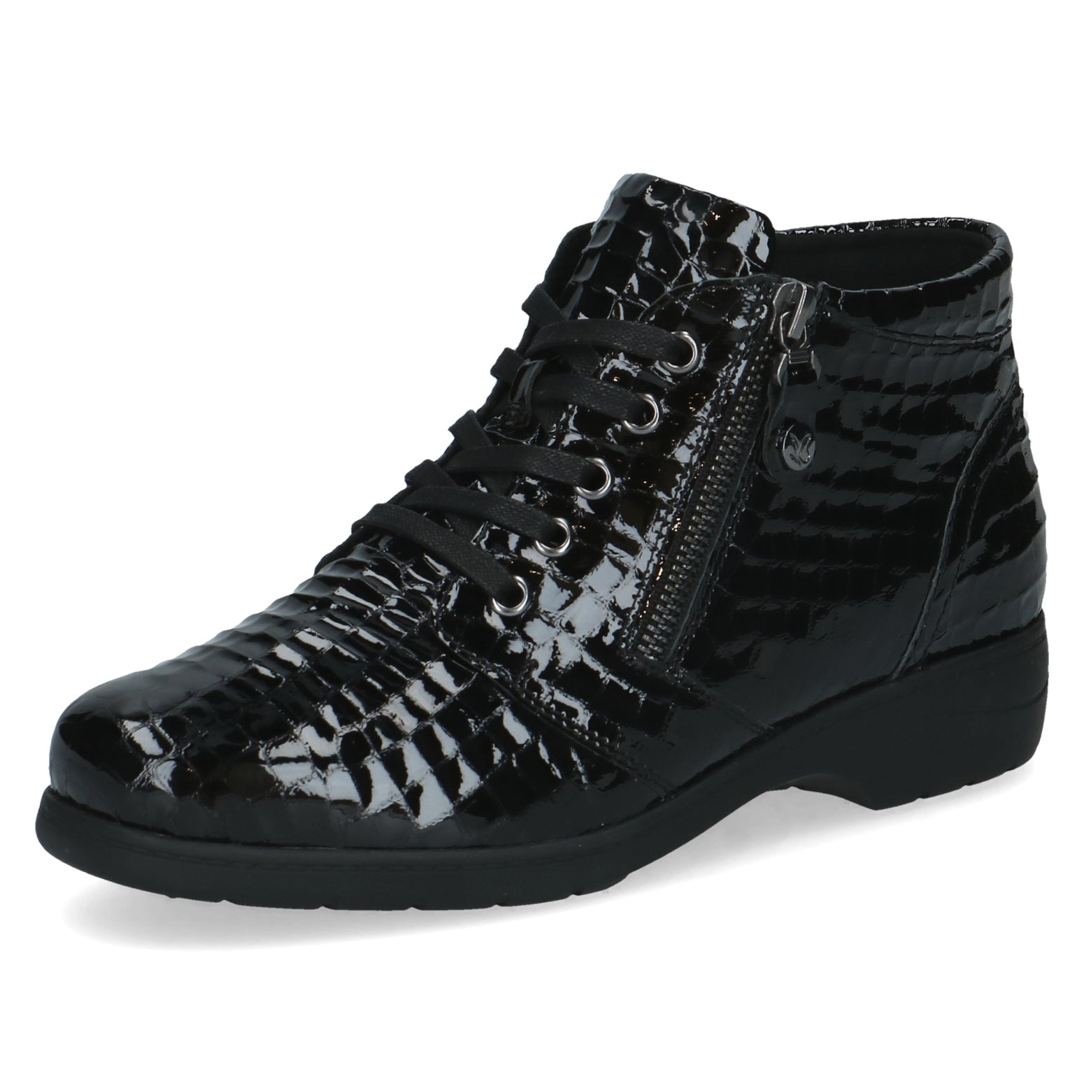 Caprice 9-26152-47 014 Ladies Wide Black Croc Patent Leather Zip & Lace Ankle Boots, front three-quarter view.