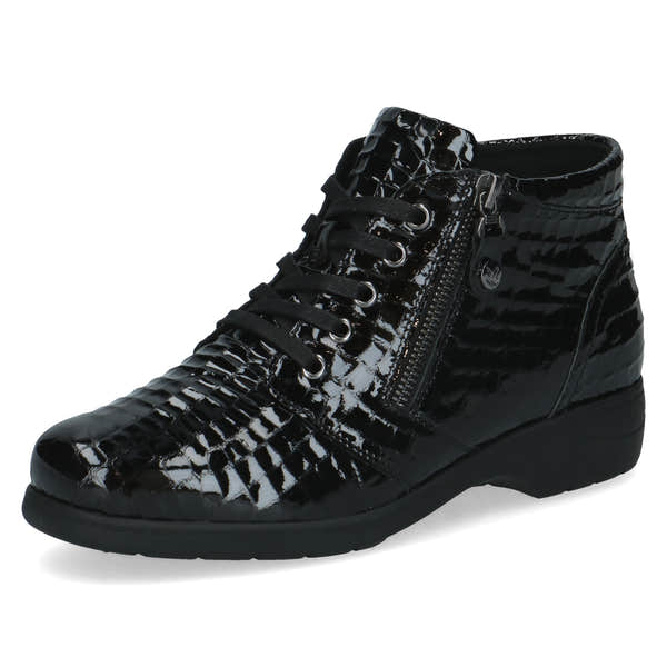 Caprice 9-26152-47 014 Ladies Wide Black Croc Patent Leather Zip & Lace Ankle Boots, front three-quarter view.