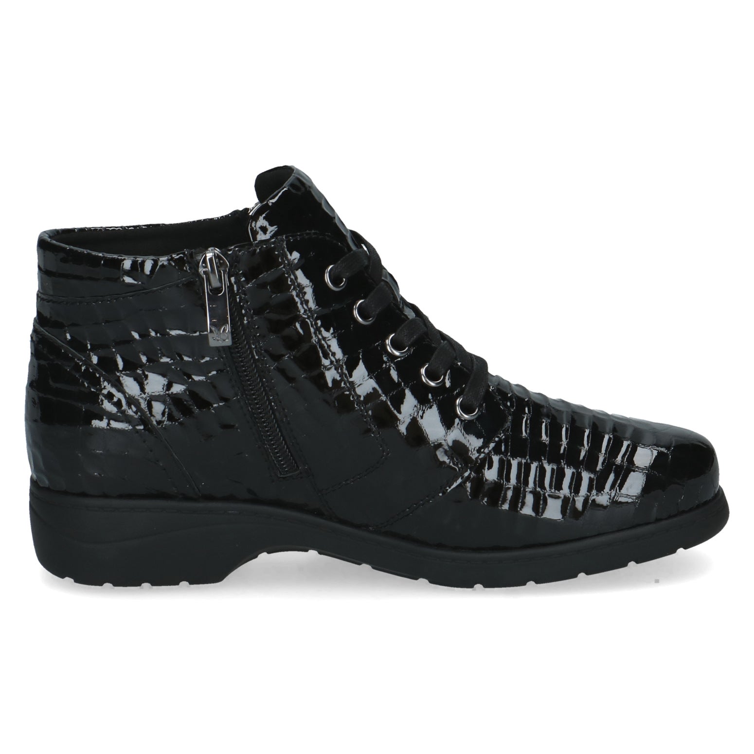 Caprice 9-26152-47 014 Ladies Wide Black Croc Patent Leather Zip & Lace Ankle Boots, inner side view.